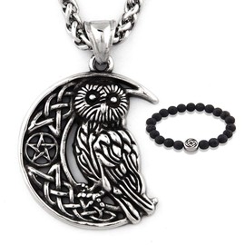 GUNGNEER Stainless Steel Irish Celtic Owl Crescent Moon Pendant Necklace Celtic Knot Pentagram Amulet Jewelry