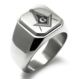 Stainless Steel Freemasons Masonic Royal Compass Symbol Engraved Square Flat Top Biker Style Polished Ring, Size N 1/2