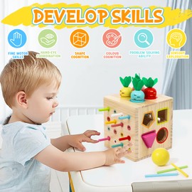 LZDMY Montessori Toy from 1 2 3 Years, 6 in 1 Motor Skills Cube with Carrots, Baby Wooden Toy, Sensory Toy, Motor Skills Toy, Children's Plug-in Game, Birthday, Easter Gift for Boys and Girls