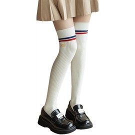 Ekieta Women's High Socks, Stockings, Knee High Socks, Cotton, Double Bar, Beautiful Leg Compression, Double Needle Embroidery, Soft, For Uniforms, Cute, For School Commutes, Parties, Recitals,