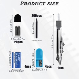 RobLuX Pack of 200 2B Compass Refills Compass Refills 2 mm Diameter Comes with 1 Compass, 4 Erasers and 4 Compass Tips for Mathematical Drawing Creation