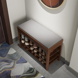 YQJJGL Small Shoe Bench with Storage, Wooden Shoe Storage Bench with Cushion&Hidden Drawer, 3-Tier Shoe Rack Bench for Entryway, Mudroom, Hallway