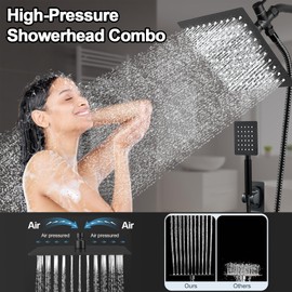Black Shower Head and Handle Set All Metal, 8'' High Pressure Rain 2 in 1 Showerhead with Handheld Spray Combo with 78" Hose Stainless Steel, Adhesive Showerhead Holder, WOSAISIUS