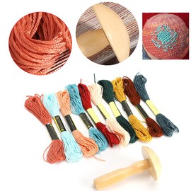 Wooden Darning Supplies Kit with Mushroom Patching Tool and 10 Skeins Darning Threads for DIY Sewing Home Travel Handicraft
