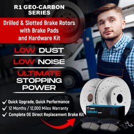 R1 Concepts Rear Brake Kit For 2017-2020 Acura MDX| Drilled Slotted Brake Rotors| Ceramic Brake Pads and Rotors Kit| Hardware included