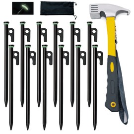 Tialero Tialero 8/12/16Pack Tent Stake with Hammer, 8/10/12/16in Heavy Duty Tent Stakes + 10in Camping Hammer+Storage Pouch, Forged Steel Stakes Used on Rocks (12 Pack 10in Tent Stakes+Hammer)