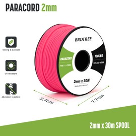 Brotree Paracord 2 mm 30 m 100% Nylon Rope Cord with 1 Core Type I for Outdoor, Bracelet, DIY - 45 kg Breaking Load (Neon Pink)