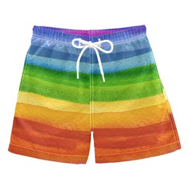 Aflyko Boys' Board Shorts Rainbow Watercolor Stripe Swim Trunk Beach Swimwear L