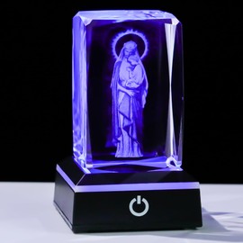 Movdyka Virgin Mary Statue Night Light - 3D Laser Engraved Madonna and Child Crystal Cube with Color-Changing LED Base | Catholic Gifts for Women & Men