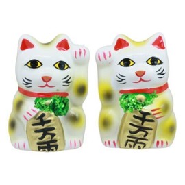 Japanese Right And Left Paws Beckoning Cat Maneki Neko Ceramic Figurine Set of 2