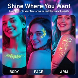MiraWish 12 Colors Glow Body Glitter Gel, Glow in The Dark Hair Face Glitter Gel, Rave Accessories for Festivals Carnival UV Black Light Party