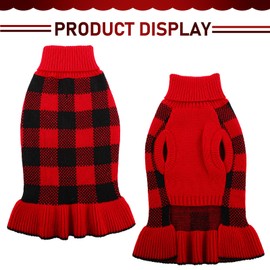 Dog Sweater Dress Plaid Knitwear for Small Medium Dogs Warm Puppy Pet Turtleneck Stretch Pullover Cute Fall Winter Vest Clothes with Leash Hole for Christmas (Red, L)