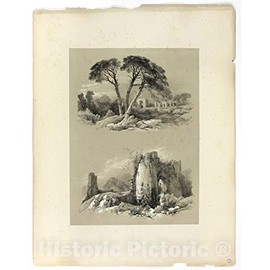 Historic Pictoric Print : Frejus and Pennard Castle, from Picturesque Selections, James Duffield Harding, c 1859, Vintage Wall Decor : 08in x 10in