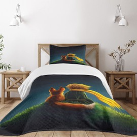 Lunarable Fantasy Bedspread Set, Design Cartoon Character and The Fox Looking at The Sky Pattern Print, 2 Piece Decorative Bedding Coverlet and a Pillow Sham, Twin Size, Fern Green and Dark Blue