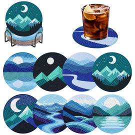 DOMROM 8 Pcs Diamond Painting Coasters Kits with Holder, Landscape Diamond Art Coasters for Adults Beginners 5D DIY Diamond Coasters, Simple Diamond Art Painting Kits Craft Supplies