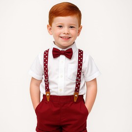 Toddler Boy Outfits Gentleman Short Sleeve Button Shirts+Bowtie+Suspender Shorts Formal Suits(3-4T,Red)