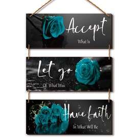 3 Pcs Wooden Teal Flower Wall Art - Teal Rose Wall Decor With Inspirational Quotes - For Women, Office, Living Room, Bedroom (10 x 4 Inch)