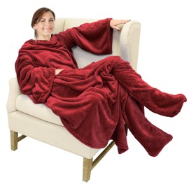 Catalonia Wearable Fleece Blanket with Sleeves and Foot Pockets for Adult Women Men,Micro Plush Comfy Wrap Sleeved Throw Blanket Robe Large,Wine