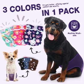 Pet Soft Dog Diapers Female Washable - Pack of 3 Doggie Diapers for Female Dogs, Strong Absorbent Reusable Dog Period Diapers, Female Dog Diapers for Heat & Pet Incontinence Peeing (Bloom, M)