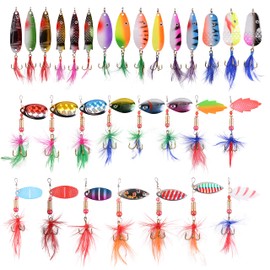 30Pcs Roostertail Spinner Fishing Lures - Metal Spoon Fishing Spinner Baits with Treble Hooks for Bass Walleye Trout