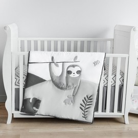 MY LITTLE ZONE Crib Bedding Set Neutral, Forest Nursery Decor, 5pc Baby Bedding Set Includes Baby Comforter, Fitted Sheets, Changing Pad Cover, Crib Skirt, White-Grey Crib Set, Sloth Nursery Bedding