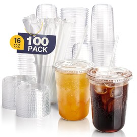 Fit Meal Prep 100 Pack 16 oz Round Bottom Clear Plastic Cups with Lids and Straws, Disposable Iced coffee cups with lids, BPA-Free To Go Cups for Smoothies, Party Drinks, Bubble Tea, Cold Beverage