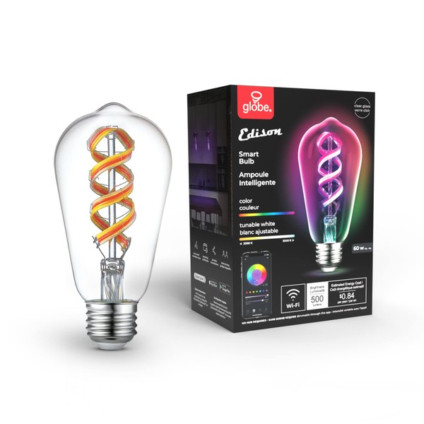 Globe Electric 35847 Wi-Fi Smart 7 W (60 W Equivalent) Spiral Filament Multicolor Changing RGB Tunable White Clear LED Light Bulb, No Hub Required, Voice Activated, 2000K - 5000K, Vintage Edison
