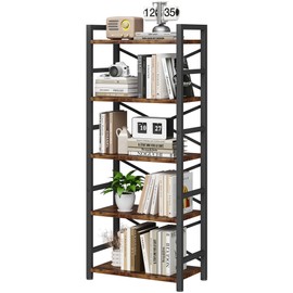 Organization and Storage, 5 Tier Bookshelf, Tall Bookcase with Shelves, Wood and Metal Book Shelf Storage Organizer, Industrial Display Standing Shelf Unit for Bedroom, Living Room, Rustic Brown