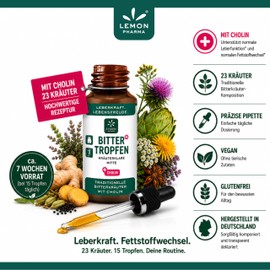 Lemon Pharma Bitter Drops with Choline, Bitter Substances from 23 Plants, Support for Liver & Fat Metabolism, 30 ml for 7 Weeks of Use, Vegan, Inspired by Hildegard von Bingen