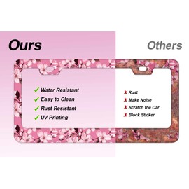 2pcs Pink Cherry Blossom License Plate Frame for Women, Pink Flower Flora Car Tag Frames Girly for Vehicle with Non Adhesive Electrostatic Sticker