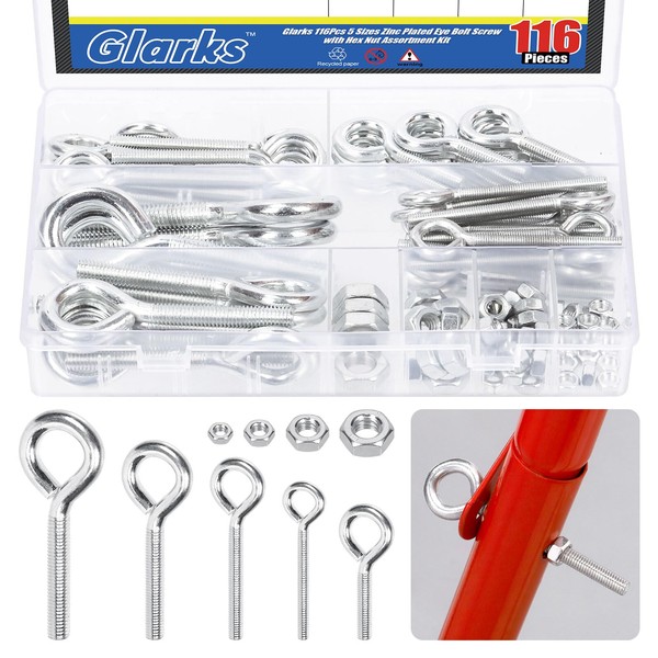Glarks 116Pcs 5 Sizes Eye Bolt Screw with Hex Nut