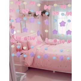 NiHome Fluffy Plush Doorway Curtain, Cute Hanging String Garland Kawaii Wall Hanging Home Decor for Girl Baby Room,Plush Bowknot Pentacle Garland Curtain with Hooks & Adhesive Velcro, 9 Strings