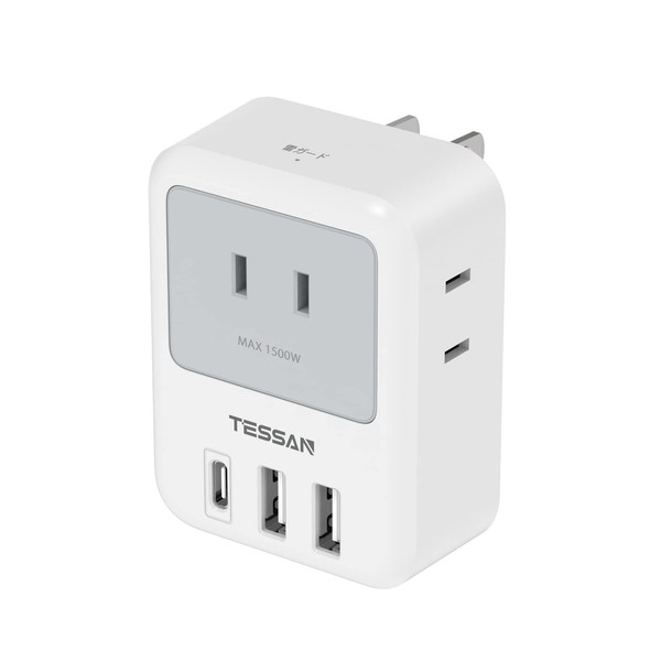 TESSAN USB-C Outlet Tap with USB-C, Power Tap, 3 AC Outlets, 2 USB-A Ports, 1 Type-C Port, Callus-Type Outlet, Splitter, USB Charger, USB Tap, Direct Plug, Outlet Multiplier, Lightning Guard Included, Small and Lightweight