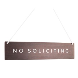 Brown Wood No Soliciting Sign for Front Door - Adhesive or Hanging No Soliciting Sign for House Door, 12.7x2.8 inches, No Solicitors Signs, No Soliciting Signs for Home