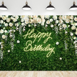 Riyidecor Happy Birthday Backdrop for Women Neon Flower Wall White Rose Green Leaves Floral Blossom Botanical Plant 7Wx5H Feet Nature Photography Background Girls Photo Studio Shoot Polyester Fabric