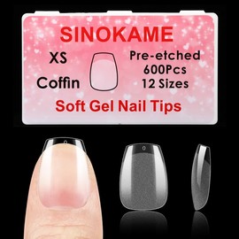 600PCS Extra Short Coffin Soft Gel Nail Tips, SINOKAME Wide Nail Tips Extra Short Clear Glue ON Acrylic Press On Fake Nails, Soak off Gel Nail Extension DIY Home Salon,12 Sizes