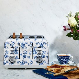 VQ Laura Ashley China Rose Stainless Steel 4 Slice Toaster | Multi-Functional Bagels & Bread Toaster 4 Slice with Adjustable Heating & Defrost Mode | Featuring 4 Wide Slots & Croissant Warming Rack