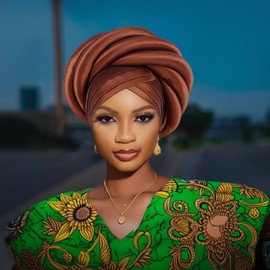 New Nigeria Heavy Industries Sponge Wrap Headcap for African Headbands Auto Gele Turban WRA (Brown)