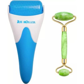 AECW 제이드 롤러 스 2 in 1 얼굴 및 눈의 바디 넥 페이셜 마사지 도구 [Light Blue Ice Roller + Jade Gua Sha] AECW Jade Roller 2 in 1 Face and Eye Body Neck Facial Massage Tool [Light Blue Ice Roller + Jade Gua Sha]