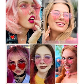 BOJOD Dripping Heart Shaped Sunglasses for Women Rimless Tinted 90s Melting Drippy Heart Glasses colored Sunglasses for Party PINK