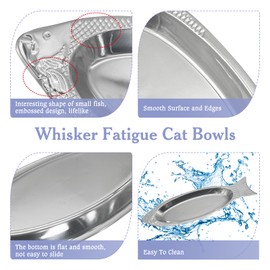 Apatal 2 Pcs Stainless Steel Shallow Fish Shaped Cat Bowls, 13.7 Inch Kitten Wet Feeding Bowls, Whisker Fatigue Cat Plates for Kitten Puppy Small Ferrets Dog (Silver)