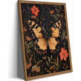 Dark Vintage Butterfly Wall Art,Butterfly Botanical Nature Pictures Wall Decor Flower Prints, Gothic Canvas Prints for Living Room Bedroom Office 12x16 inch Framed