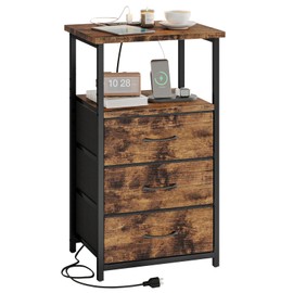 Fixwal Night Stand with 3 Fabric Drawers, Tall Nightstand for Bedroom, Bedside Table with Charging Station End Table with Storage, Rustic Brown