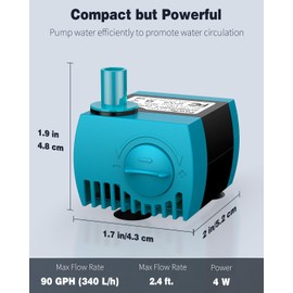 Pawfly 90 GPH Submersible Water Pump 4 W Mini Water Fountain Pump with 2.4 ft. Lift Height Quiet Adjustable Water Pump for Aquarium Fish Tank Fountain Garden Waterfall Statuary