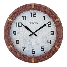 Bulova Cartographer Wall Clock C4344 | 14" Diameter | Vintage Map Design | Distressed Rust Colored Finish | Quartz Movement | Decorative Home Accent