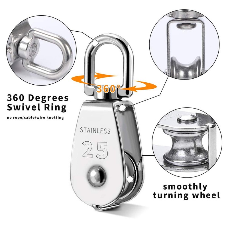 2 Pack M25 Single Pulley Block, 304 Stainless Steel Pulley