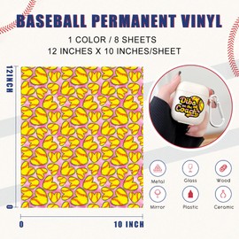 Tintnut Baseball Permanent Vinyl - 8 Sheets 12"x10" Sports Pattern Adhesive Vinyl Sheets, Watercolor Self Sticker Water Proofing Vinyl Compatible with Cricut Or Silhouette