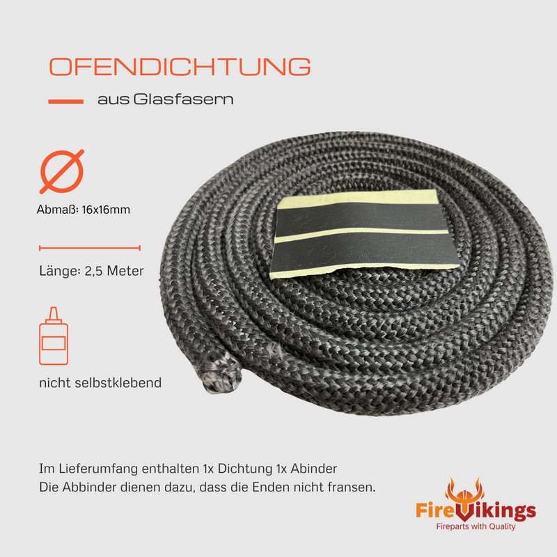 Stove Seal, Sealing Cord, Diameter 16 mm, Length 2.5 m,