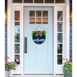 Welcome Sign For Front Door, Welcome Home Decorations Sign,12" Wooden Outdoor Home Signs For Porch, Wreaths For Front Porch Door Farmhouse Wall Hanging Blue Decor, Housewarming Gifts