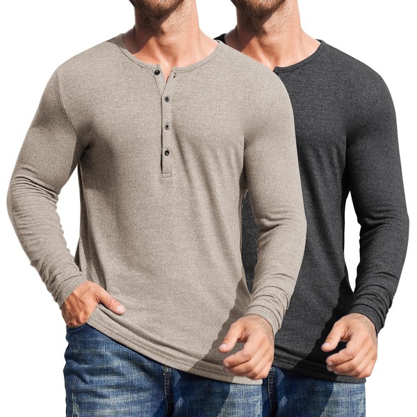 COOFANDY Men's 2 Pack Henley Shirts Long Sleeve Slim Fit Fashion Casual Basic T Shirts